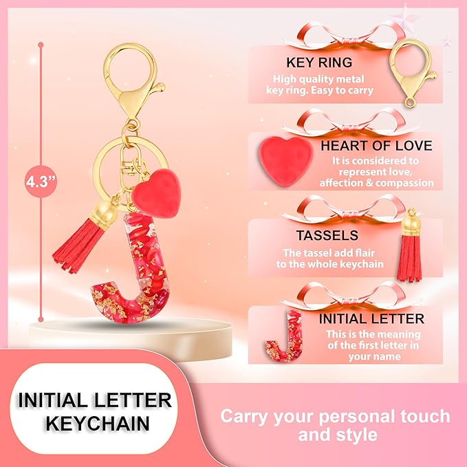 Initial Keychains for Women with Cute Heart Resin - Alphabet Letter Keychain for Bag, Backpacks, Purse or Car key