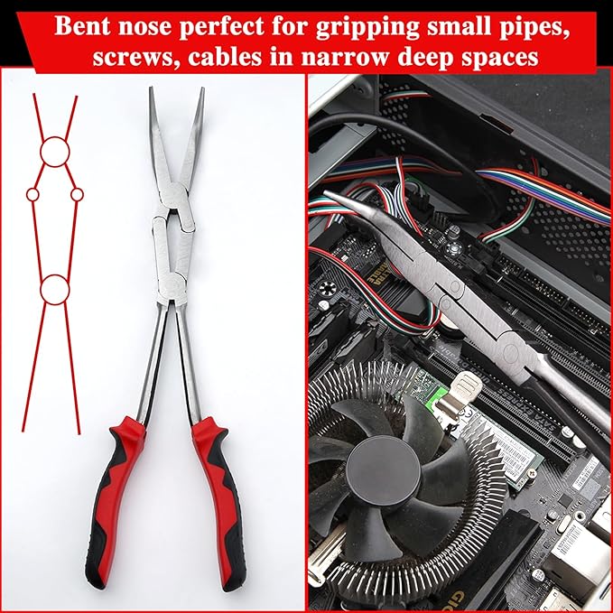 13 Inches Dual Pivot Pliers Double Joint Bent Long Nose Dual Material Pliers with Serrated Jaw 45 Degree Extra Long Reach Compound Action Pliers for Hard to Reach Narrow Spaces