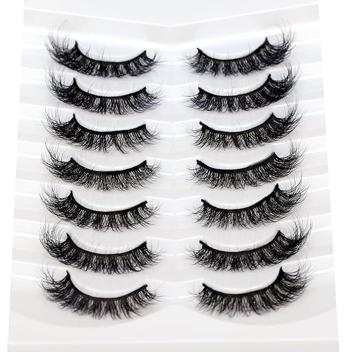 Pooplunch Natural False Eyelashes Cat Eye Look Wispy Clusters 8D Volume Fake Eyelashes Faux Mink Lashs Strips 7 Pairs Pack