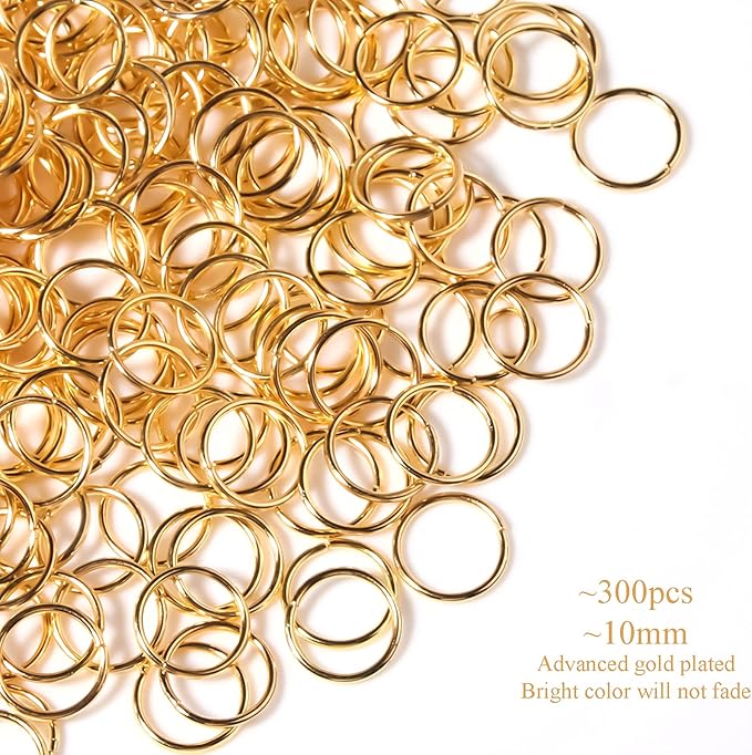 300 Pcs 10mm Open Jump Rings Gold Plated Jump Rings for Jewelry Making Single Ring Bulk for DIY Craft Earring Necklace Bracelet Pendant Choker Jewelry Making Findings and Key Ring Chain (Gold, 10mm)