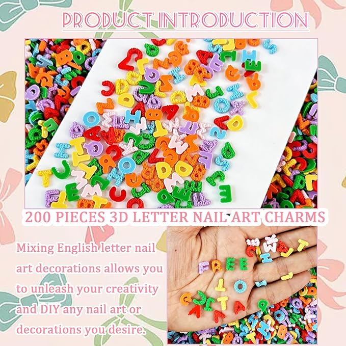 200 Pcs Letter Nail Art Charms, CYHYII 3D Mixed Candy Colorful Letter Resin Nail Rhinestones Nail Gems DIY Manicure Nail Decoration Accessories for Women Girls