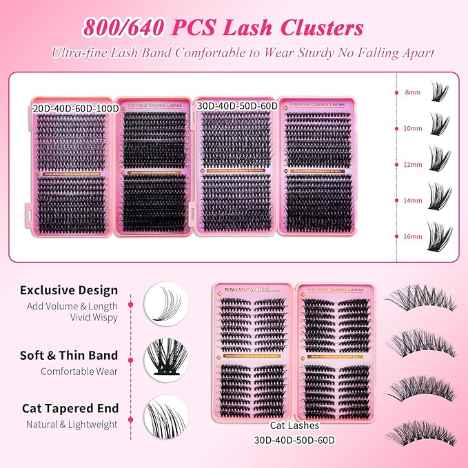 Lash Clusters Kit Eyelash Clusters Kit Cat Eye Lashes Large Pack Cluster Eyelash Extensions Lash Extension Kit Pestañas Postizas Naturales with Lash Bond&Seal,Remover,Tweezers,Cleanser(Lash Kit-5)