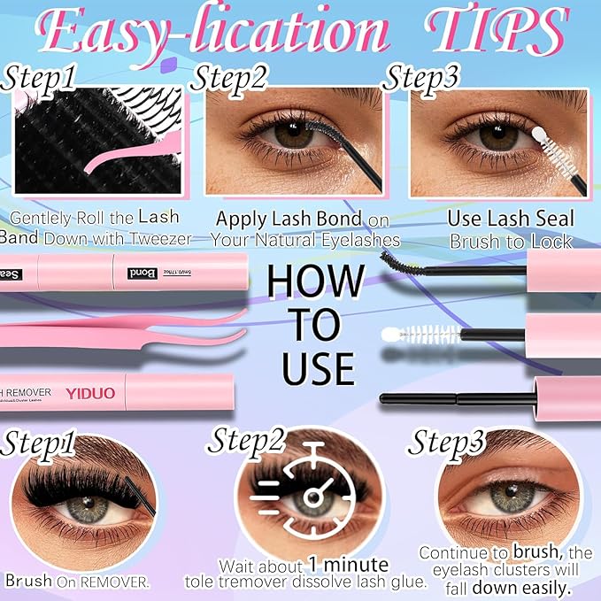YIDUO 575Pcs Lashes Clusters Kit with Glue and Removers, D Curl Volume 150D+200D Thick+Spiky Lashes Extension, 12-21mm Thick Extension Eyelashes DIY Individual False Eyelash Kit DIY at Home Easily