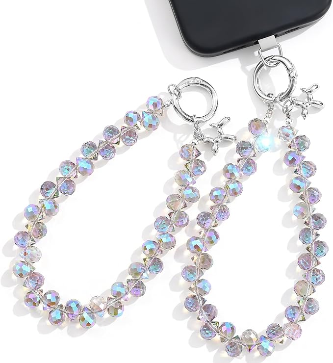 2pcs Crystal Phone Wrist Strap Phone Charm Chain Keychain Beaded Cellphone Lanyard with Tether Tab Hands-Free Wristlet Bracelet Wrist Grip Strap for Women, D-Light Purple