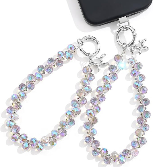2pcs Crystal Phone Wrist Strap Phone Charm Chain Keychain Beaded Cellphone Lanyard with Tether Tab Hands-Free Wristlet Bracelet Wrist Grip Strap for Women, D-Light Purple