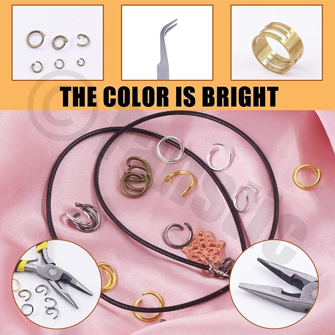 Tanstic 1403Pcs Bronze Open Jump Rings Kit, 4mm, 5mm, 6mm, 7mm, 8mm, 10mm Jewelry Jump Rings with Jump Ring Opener, Jewelry Pliers and Tweezer for Jewelry Making