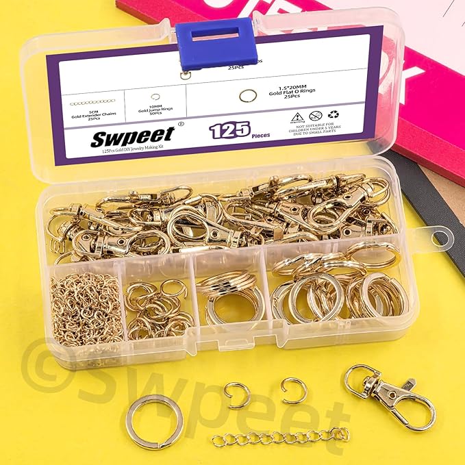 Swpeet 125Pcs Golden Keychain Making Set, 25Pcs Swivel Lanyard Snap Hook, 25P Keychain Ring, 25P Extender Chains, 50P Open Jump Rings, Swivel Lobster Clasps, Keychains Clips