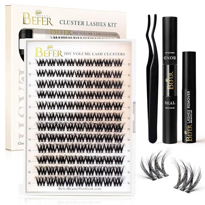 BEFER Lash Clusters Kit, 108 Pcs 3D Curl Eyelash Clusters Volume Individual Lashes Extensions 10-16MM Wispy Eyelash with Tweezers DIY At Home(Brave, ZE11,Kit)