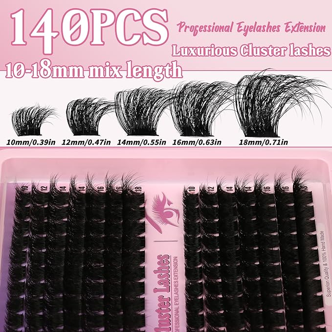 D Curl Lash Clusters Extensions 140 Pcs Individual Eye lash Clusters 300D Cluster Eyelash Lashes Wispy Clusters Lashes Makeup at Home - DIY Lash Extension Kit for Self Application