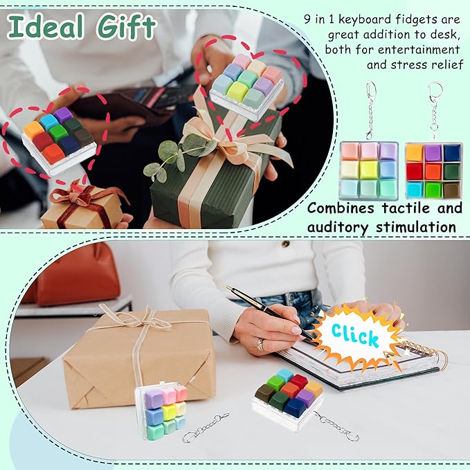 2 Pack 9 in 1 Keyboard Fidget Toy, Keyboard Fidget Keychain Anti-Stress Keyboard Decompression Button Finger Clicker Toys Stress Relief Fidget Gifts (Mix Bright)