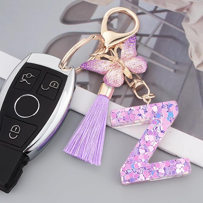 Initial letter Keychains for Women Girls Tassel Butterfly Cute Keychain for Wallet Backpack charm