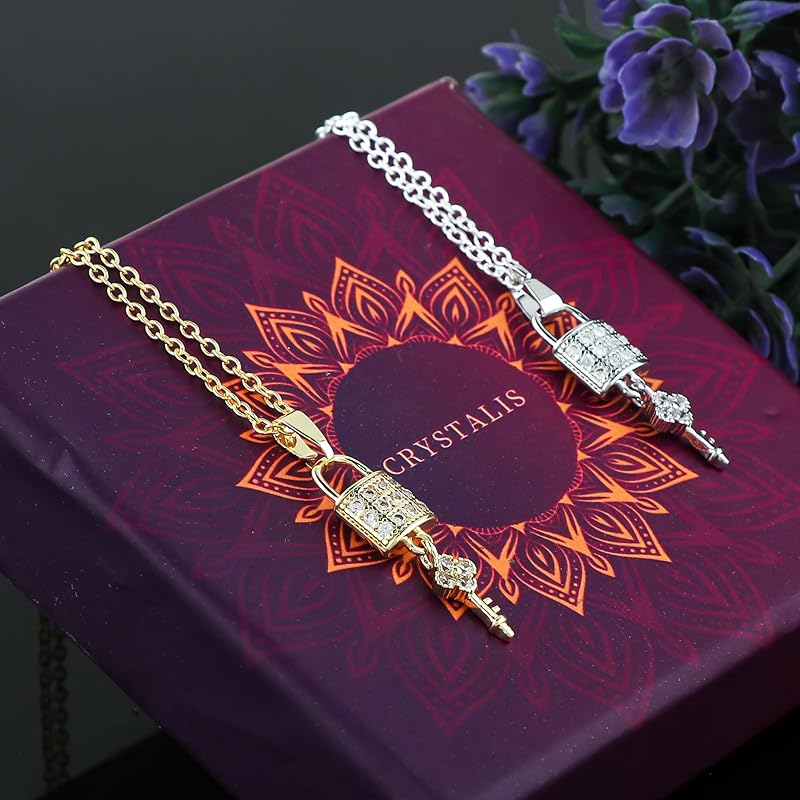 JOR Lock & Key Charm Pendant Necklace, CZ, Men & Women Unisex Jewelry, Dainty Gold & Silver Plated Combo Chain 18 inch (Pack of 2)