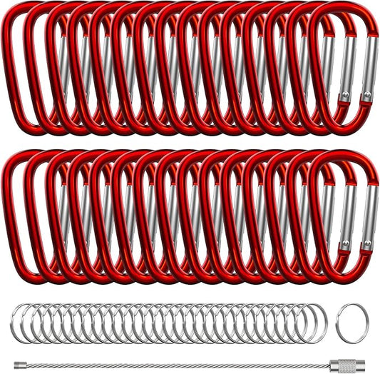 30PCS Aluminum Carabiner Clips, 2" D Shape Spring Snap Hooks Carabiner with 30PCS Keyring Keychain Hook