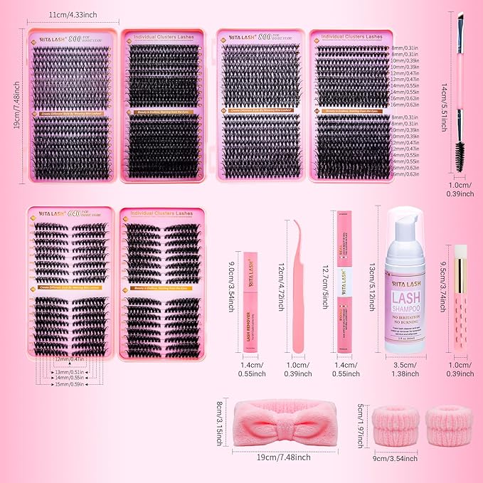 Lash Clusters Kit Eyelash Clusters Kit Cat Eye Lashes Large Pack Cluster Eyelash Extensions Lash Extension Kit Pestañas Postizas Naturales with Lash Bond&Seal,Remover,Tweezers,Cleanser(Lash Kit-5)