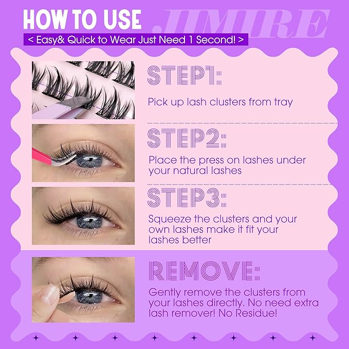 Self Adhesive Eyelashes Wispy Lash Clusters D-Curly Pre Glued Eyelashes Clusters 8-14MM Natural Press on Cluster Lashes Easy to Apply Self Adhesive Lash Clusters No Glue Needed by JIMIRE