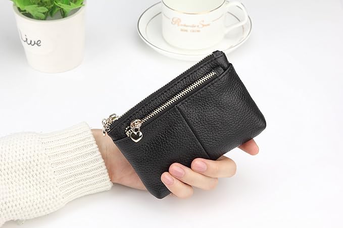 ZOOEASS Women Genuine Leather Zip Mini Coin Purse With Key Ring Triple Zipper Card Holder Wallet