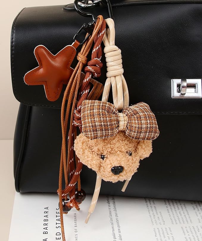 Kawaii Plush Keychain Purse Charms Cute Brown Bag Charms for Women Handbags