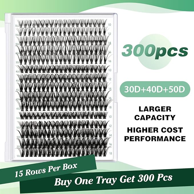 Lash Clusters 300pcs Individual Lashes 30D+40D+50D 0.07C Curl 10-18MIX DIY Eyelash Extension KEYYOU Large Tray Volume Soft&Natural Eyelash Clusters(30D+40D+50D-0.07C,10-18MIX）
