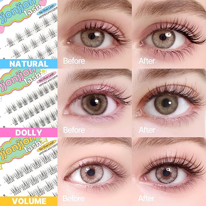 CLIONE PRIME Korean Self Adhesive Lash Clusters Dolly Look No Glue Press On Pre Bond Lash Clusters Fluffy Self Adhesive False Eyelashes No Glue Needed Reusable Wispy Eyelash Extensions
