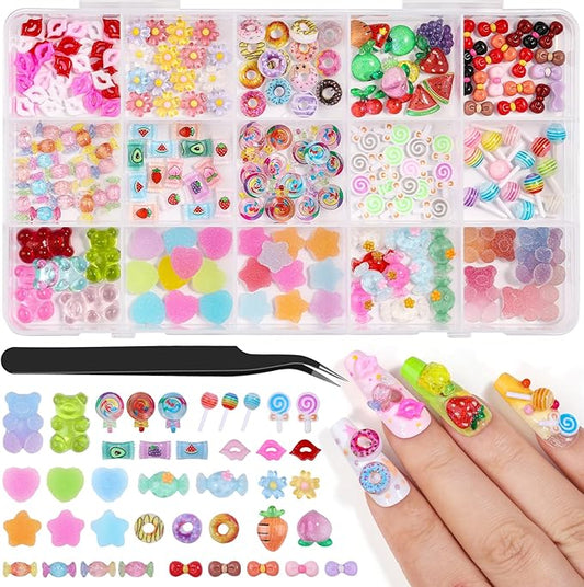 200PCS Kawaii Nail Charms Kit, 3D Lip Candy Gummy Bear Resin Charms for Acrylic Nails, Sweet Nail Art Supplies with Tweezers for DIY Crafts, Slime & Shoe Decor