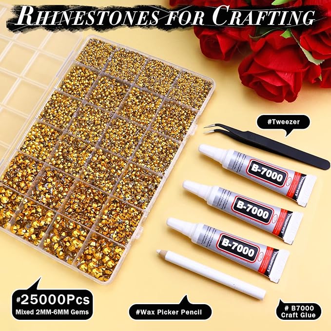 25000PCS Gold Jelly Non-Hotfix Resin Rhinestones, Mixed 2MM 3MM 4MM 5MM 6MM Flatback Rhinestone for Crafts Tumblers Bags Graduation Cap Celebration Makeup Bling Decoration