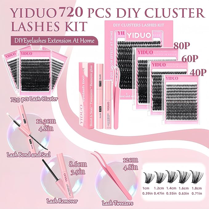 YIDUO 3 Styles Lashes Cluster Kit 720Pcs Eyelash Extensions Kit 40P+60P+80P 8-18mm D Curl Volume False Eyelashes DIY Individual Wispy Fake Eye Lashes Combo Packs with Bond&Seal |Tweezers | Removers
