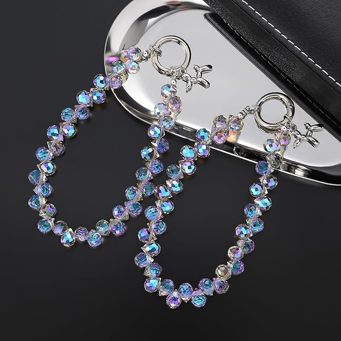 2pcs Crystal Phone Wrist Strap Phone Charm Chain Keychain Beaded Cellphone Lanyard with Tether Tab Hands-Free Wristlet Bracelet Wrist Grip Strap for Women, D-Light Purple