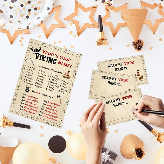 What's Your Viking Name Game,Fun Birthday Party Games for Kids and Adults, Medieval Party Decorations, Norse Adventure Theme,1 Viking Party Game Sign and 30 Stickers,5x7 Inch
