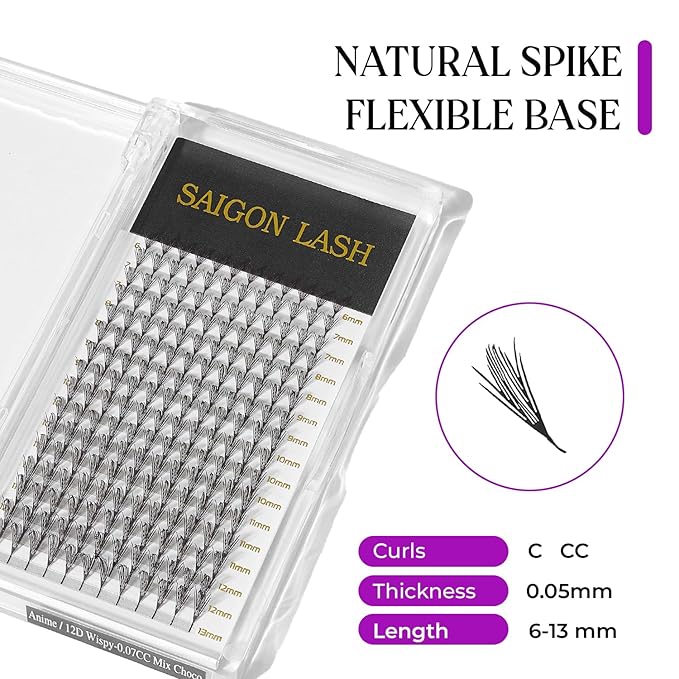 SAIGON LASH Anime Lash Kits Promade Fans –3D & 12D Wispy Volume Lashes, CC Curl 0.07, Mixed Length 6–13mm, Loose Handmade Extensions for Lash Artists (Dark chocolate-CC-0.05-6 - 13mm)