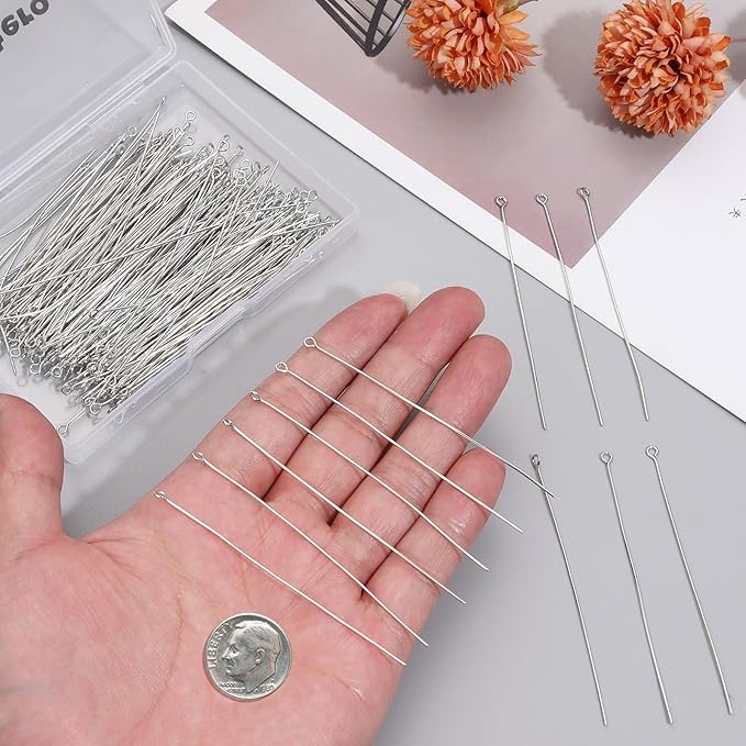 200 Pcs 70mm/2.76 Inch 21 Gauge Eye Pins for Jewelry Making Head Pins Ball Pins, Yumttero Straight Eye Pins for Craft Earring Bracelet Necklace Pendant Jewelry Making (Eye Pins,Platinum Color)