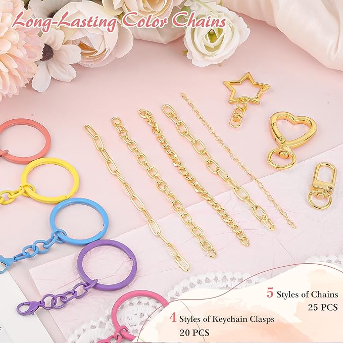 Ecoofor Keychain Making Kit 354 Pcs — Bag Charm Kit with 136 Charms, 25 Extender Chains, 20 Keychain Clips, Beading Accessories ＆ Jewelry Pliers — DIY Crafting and Jewelry Making for Adults