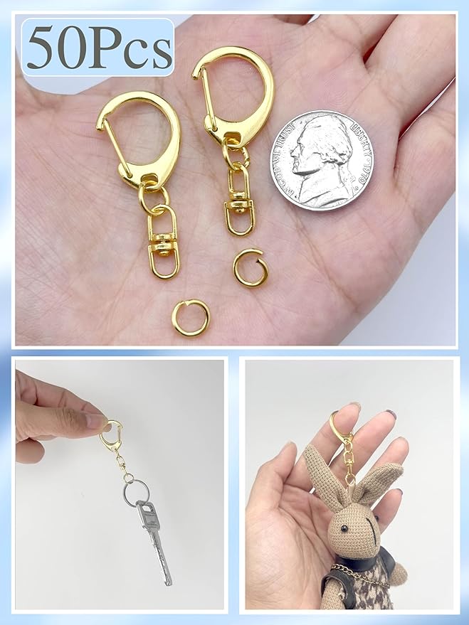50Pcs Lobster Claw Clasps for Keychain Clip, Swivel Snap Hooks Gold Key Chain Rings DIY Making Kit for Crafts
