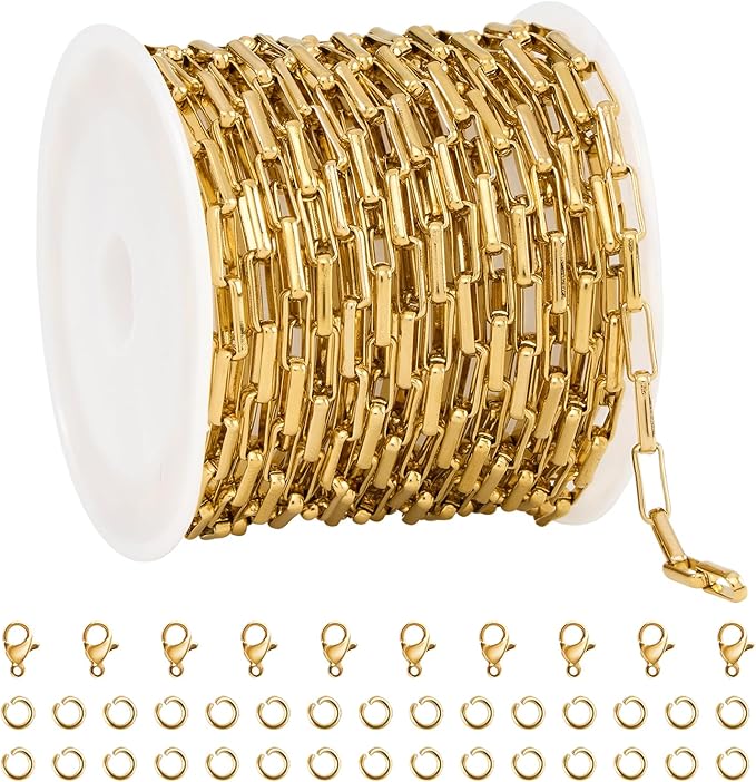 UMAOKANG 16.4 Feet Gold Plated Stainless Steel Chains for Jewelry Making Box Chain Link with Jump Rings and Lobster Clasps