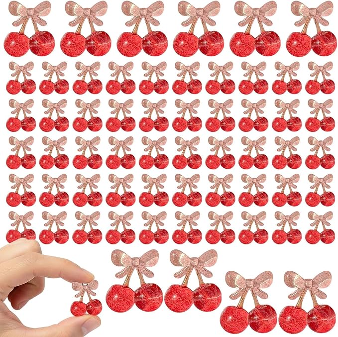 60 Pieces Glossy Resin Cherry with Bow Cabochons, Approx 1 Inch Kawaii Red Pink Flatback Embellishments for DIY Crafts, Hair Accessories, Decoden, Valentine's Day Decorations