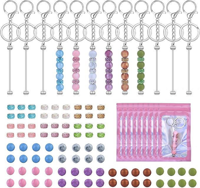 SUIMZESTI 109 Pcs Beadable Keychains Bars Set, Bulk Keychain Making Kit with Spacer Silicone Beads for Keychains Making Accessories for Womens DIY Crafts Gifts