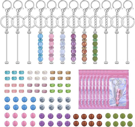 SUIMZESTI 109 Pcs Beadable Keychains Bars Set, Bulk Keychain Making Kit with Spacer Silicone Beads for Keychains Making Accessories for Womens DIY Crafts Gifts
