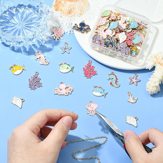Stiesy 100 Pcs 20 Styles Sea Animal Enamel Metal Charm Pendant Starfish Shell Fish Sea Horse Ocean Animals Alloy Charms Bulk for Jewelry Making DIY Bracelet Earring Necklace Crafting