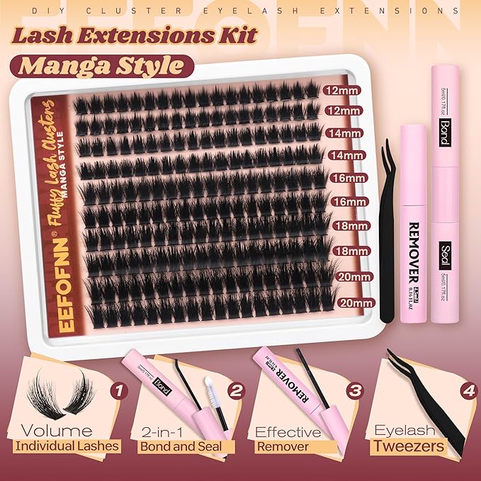 Eefofnn Lash Clusters Kit Manga Eyelash Clusters Wispy Volume Lash Extension Kit 12-20mm Cluster Eyelash Extensions Spiky D Curl Individual Lashes DIY Eyelash Extension Kit with Lash Bond,Seal,Remover