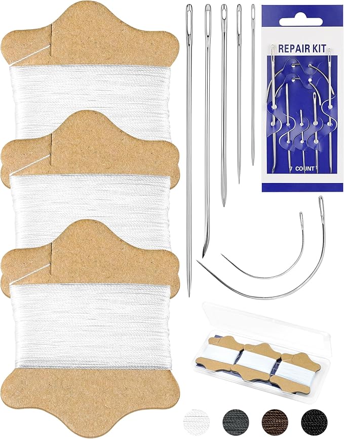 FIVEIZERO Upholstery Repair Sewing Kit, Leather Sewing Kit, 63 Yards Upholstery Thread& 7Pcs Heavy Duty Needles, Leather Thread, Curved Needles for Quilting & Hand Stitching (White)