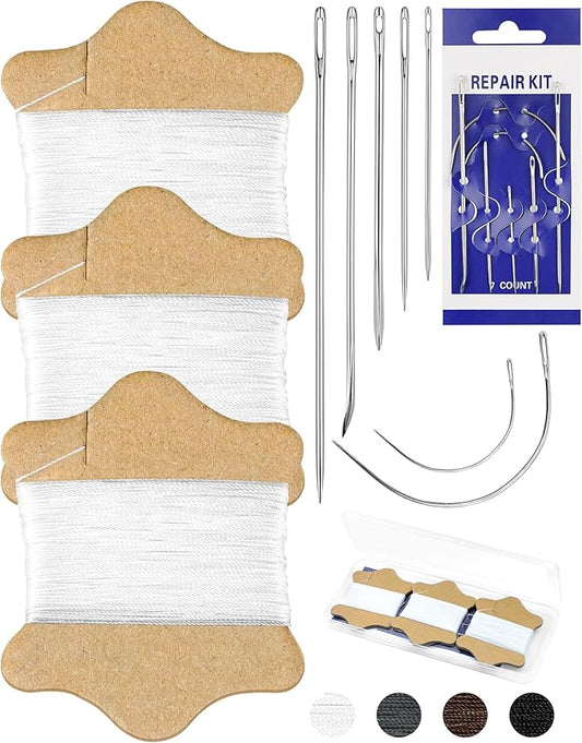 FIVEIZERO Upholstery Repair Sewing Kit, Leather Sewing Kit, 63 Yards Upholstery Thread& 7Pcs Heavy Duty Needles, Leather Thread, Curved Needles for Quilting & Hand Stitching (White)