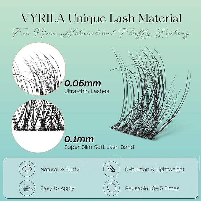 VYRILA Lash Clusters 0.05mm Individual Lashes, 3D Wispy Lashes Clusters, 0.1mm Super Thin Band Resuable Natural Lashes,D Curl Faux Mink Lashes,144pcs Lash Extension (Green Vivid-D-0.05-8-16mix)