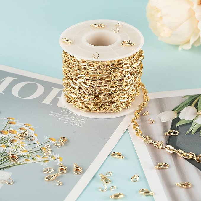 32.8 Feet Gold Plated Chain Bulk, Aluminum Paperclip Necklace Bracelet Chain for Women Men Jewelry Making Chain Roll with Jump Rings and Lobster Clasps
