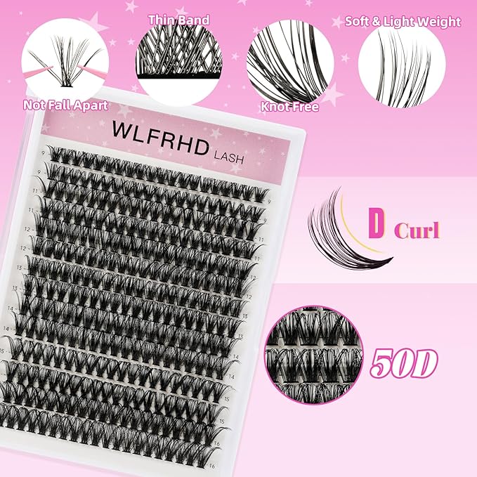 Lash Clusters Kit 280 Pcs DIY Individual Cluster Lashes D Curl Lash Extension Kit with Eyelash Bond and Seal, Remover, Tweezers Applicator Tool for False Eyelash Cluster Kit(50D, Mix9-16mm Kit)