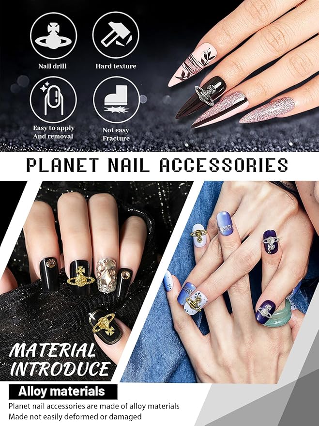 60 Pcs Planet Nail Charms, CYHYII 3D Y2K Nail Art Charms Metal Punk Vintage Saturn Shape Nail Accessories for Women Girls Nail Art Design DIY Craft Crystals Jewelry(5 Colors)