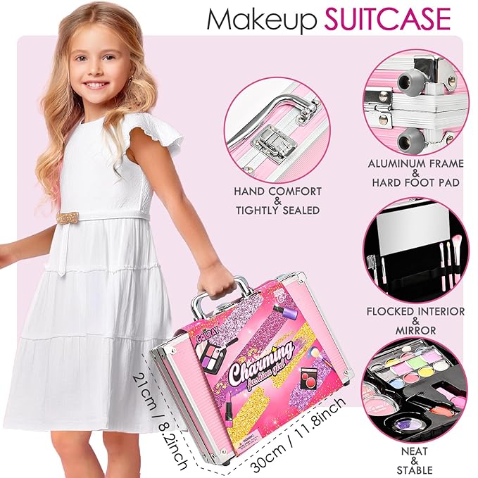 Golray Teen Makeup Kit for Girls Ages 8-12, Starter Full Make up Set With Train Case / 4 Eyeshadow Pallets/Blush/Lipstick/Brush, Kid Birthday Gift Beauty Toy for Girl 9 10 11 12 Years