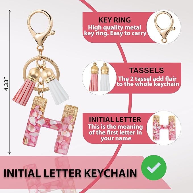 Initial Letter Keychain Cute Resin with 2 PU Tassel, Letter Keychain for Backpack Charms, Initial Keychains for Women