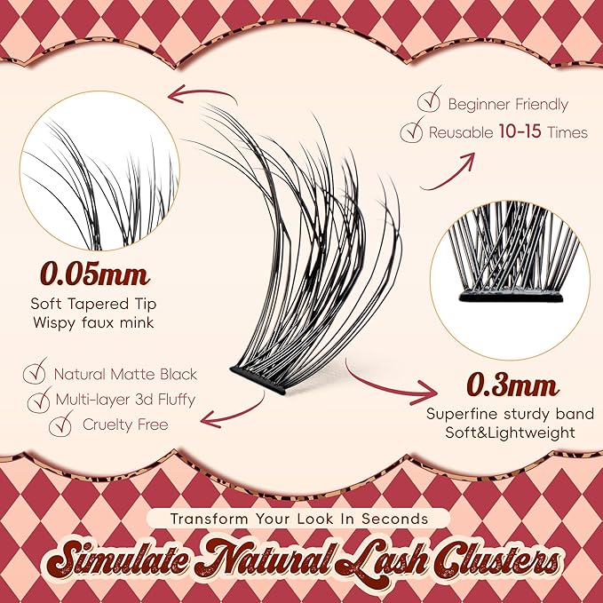 VYRILA Lash Clusters 0.05mm PBT Fiber Eyelash Clusters, 0.3mm Superfine Soft Band C Curl Diy Lash Extension, 160pcs 8-16mm Individual Lashes Clusters Like Eyelash Extensions (40P-C-8-16Mix)