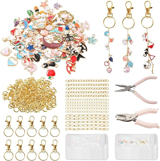 Sileasncei 277Pcs Charms Lip Gloss Keychain Making Kit, DIY Bag Charm Kit with 100 Enamel Charms, Keychain Clips, Chains, Jewelry Pliers, Hole Punch & Gift Bags for Custom Keychains Making Supplies