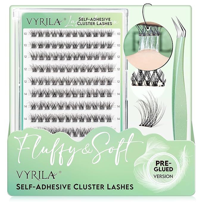 VYRILA Self-Adhesive Lash Cluster, Pre-Glued Clusters, Pop-On Faux Eyelashes, D Curl Natural Look Lahses, Reusable 0.05mm Eyelash Extensions (Green Hush-D-0.05-10-16mix-Kit)
