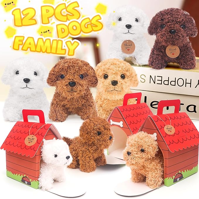 12 Pcs Mini Plush Puppy Stuffed Dogs with Keychain, Adopt A Pet Dog Party Favors Goodie Bags, Animals Bulk Gift Toys with Carton Dog House for Birthday Party Supplies